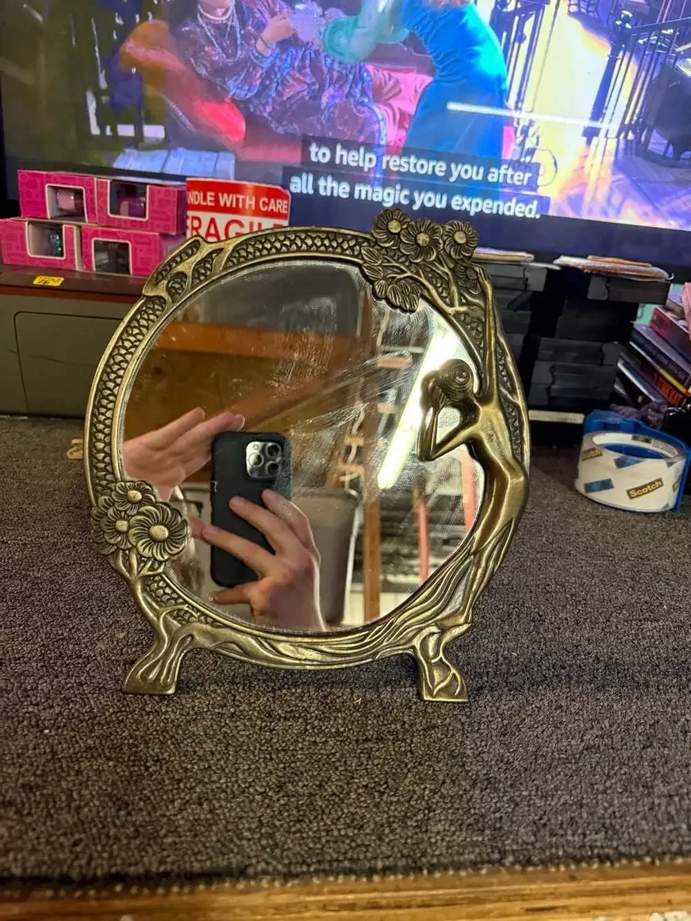 Vintage Art Nouveau Style Round Brass Finish Tabletop Vanity Mirror with Maiden